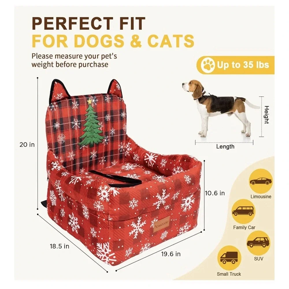 CABZOON Dog Booster Car Seat, Small, Up to 35 lbs, Red Plaid Snowflake[CLT]